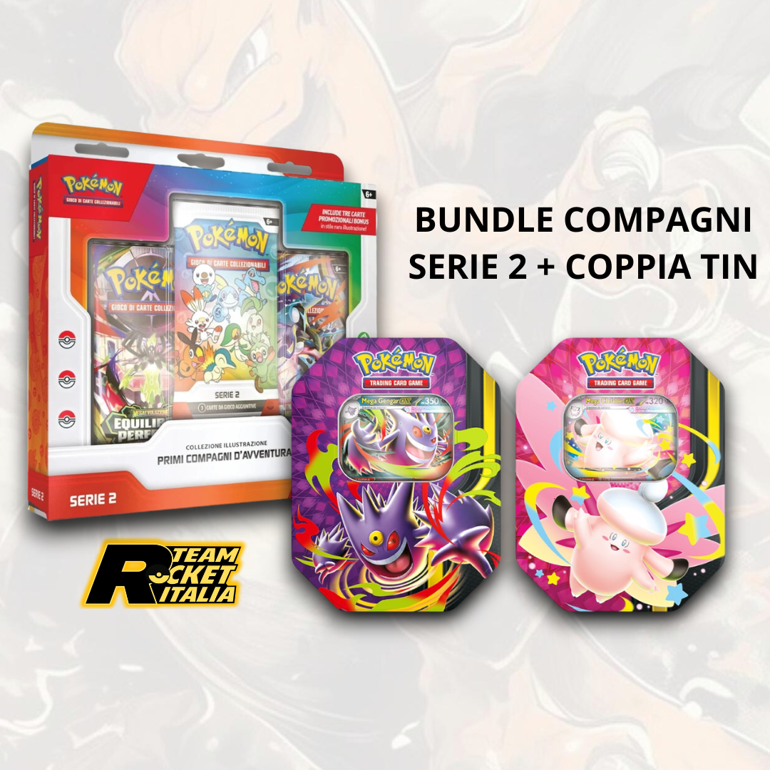 Bundle Compagni di avventura serie 2 + coppia  Mega Tin da  Chiarodiluna: Mega Gengar-ex e Mega Clefable-ex